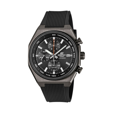 Chronograf Casio Edifice EFSS660PB-1A z szarą kopertą pokrytą powłoką jonową, czarnym paskiem z żywicy, czarną tarczą o teksturowanej powierzchni, czerwoną centralną wskazówką sekundową, trzema tarczami pomocniczymi oraz skalą tachymetryczną.