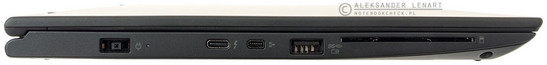 lewy bok: gniazdo zasilania, Thunderbolt 3, gniazdo rozszerzeń OneLink+, USB 3.0+, czytnik kart inteligentnych
