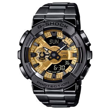 Zegarek G-Shock GM-110BD-1A9 ma złotą tarczę otoczoną całkowicie czarnym, jonowanym bezelem ze stali nierdzewnej