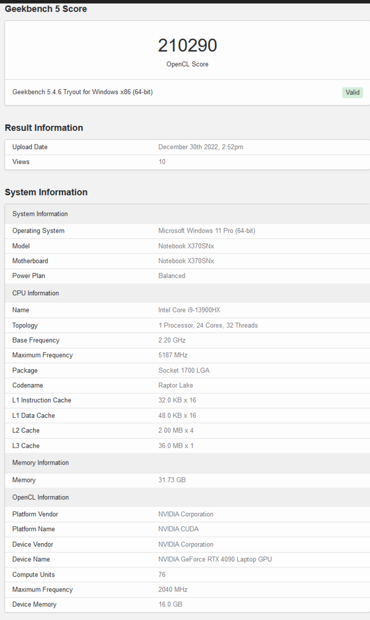 Laptop Nvidia GeForce RTX 4090 w Geekbench (image via Geekbench)