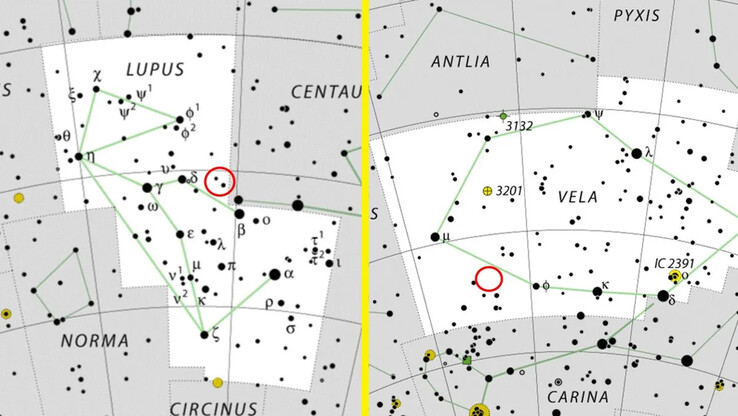 Położenie nowych obiektów V462 Lupi i V572 Velorum w gwiazdozbiorach Lupus i Vela. (Źródło zdjęcia: IAU/Wikimedia - Live Science)