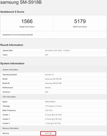 S23 Ultra z 8 GB pamięci RAM. (Źródło obrazu: Geekbench)