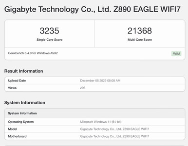 Zestawienie Geekbench 6 dla procesora Core Ultra 7 270K Plus. (Źródło obrazu: Geekbench)