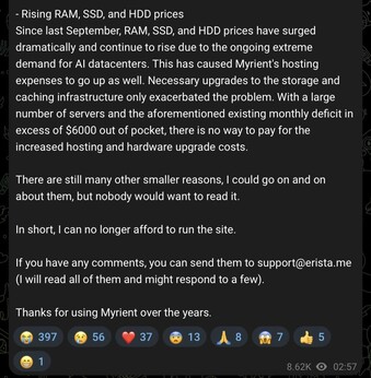 Myrient kończy działalność w przyszłym miesiącu, powołując się na rosnące koszty infrastruktury.