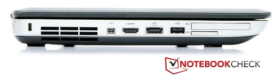 lewy bok: blokada Kensingtona, otwory wentylacyjne, FireWire, HDMI, USB/eSATA, USB 2.0, ExpressCard/54, czytnik kart pamięci