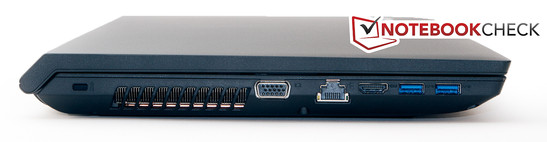 lewy bok: gniazdo blokady Kensingtona, wylot powietrza z układu chłodzenia, VGA, LAN, HDMI, 2 USB 3.0