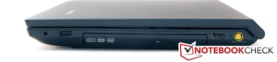 prawy bok: gniazdo audio, USB 2.0, napęd optyczny (DVD), USB 2.0, gniazdo zasilania