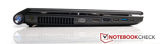 lewy bok: gniazdo zasilania, VGA, HDMI, USB 2.0/eSATA, USB 2.0, USB 3.0, FireWire