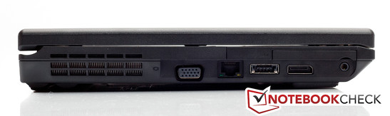 lewy bok: otwory wentylacyjne, VGA, LAN, eSATA/USB (combo), DisplayPort, ExpressCard/54, gniazdo audio (combo)