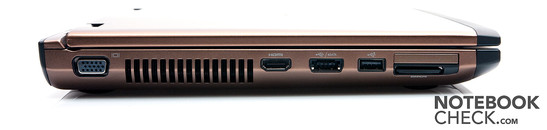 lewy bok: VGA, HDMI, USB 2.0/eSATA, USB 2.0, czytnik kart, ExpressCard/34