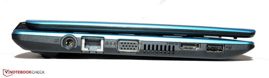 lewy bok: gniazdo zasilania, LAN, VGA, otwory wentylacyjne, HDMI, USB 2.0