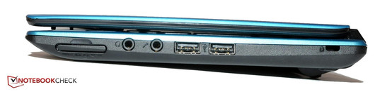 prawy bok: czytnik kart pamięci, 2 gniazda audio, 2 USB 2.0, gniazdo blokady Kensingtona