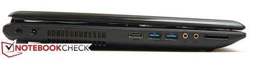 lewy bok: gniazdo blokady Kensingtona, gniazdo zasilania, otwory wentylacyjne, HDMI, 2 USB 3.0, 2 gniazda audio, czytnik kart pamięci