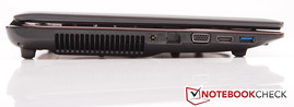 lewy bok: otwory wentylacyjne, gniazdo zasilania, RJ-45 (LAN), VGA, HDMI, USB 3.0