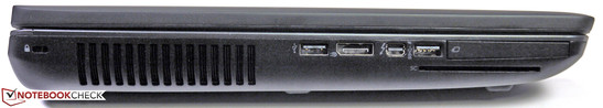 lewy bok: gniazdo blokady Kensingtona, otwory wentylacyjne, USB 3.0, DisplayPort, Thunderbolt, USB 3.0, czytnik Smart Card, ExpressCard