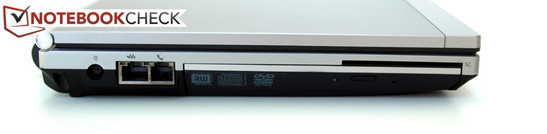 lewy bok: gniazdo zasilania, RJ-45 (LAN), RJ-11 (modem), napęd optyczny (DVD), czytnik kart SmartCard