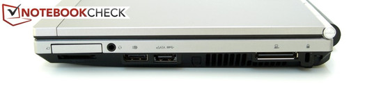 prawy bok: ExpressCard/34, czytnik kart pamięci, gniazdo audio, DisplayPort, eSATA/USB 3.0, wylot powietrza z układu chłodzenia, złącze dokowania, gniazdo blokady Kensingtona