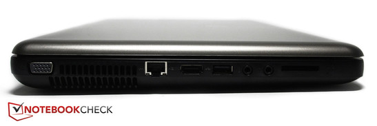 lewy bok: VGA, otwory wentylacyjne, LAN, HDMI, USB 2.0, 2 gniazda audio, czytnik kart pamięci