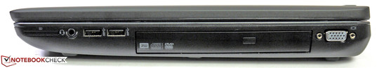 prawy bok: czytnik kart pamięci, gniazdo audio, USB 2.0, USB 3.0, napęd optyczny, VGA