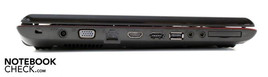 lewy bok: blokada Kensingtona, gniazdo zasilania, VGA, LAN, HDMI, eSATA/USB, USB, wejście mikrofonowe, wyjście słuchawkowe, ExpressCard/34