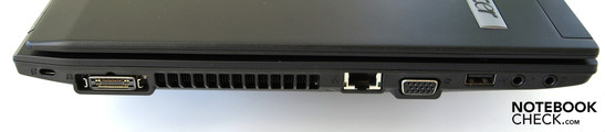lewy bok: blokada Kensingtona, gniazdo stacji dokującej, wylot wentylacji, LAN, VGA, USB, wejście mikrofonowe, wyjście słuchawkowe