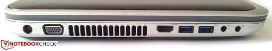 lewy bok: gniazdo zasilania, VGA, wylot powietrza z układu chłodzenia, HDMI, USB 3.0 (z funkcją Power Share), USB 3.0, 2 gniazda audio