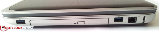prawy bok: USB 3.0, napęd optyczny (DVD), USB 3.0, LAN, gniazdo blokady Kensingtona