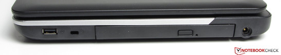 prawy bok: USB 2.0, gniazdo blokady Kensingtona, napęd optyczny (DVD), gniazdo zasilania