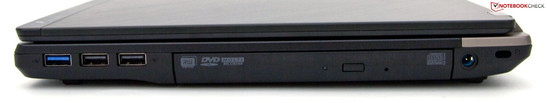 prawy bok: USB 3.0, 2 USB 2.0, nagrywarka DVD, gniazdo zasilania, gniazdo blokady Kensingtona