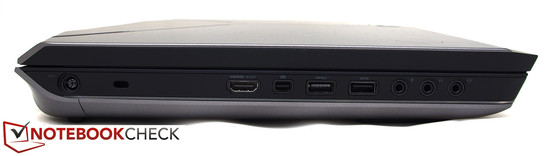 lewy bok: gniazdo zasilania, gniazdo blokady Kensingtona, HDMI, DisplayPort, 2 USB 3.0, 3 gniazda audio