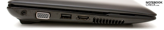 lewy bok: gniazdo zasilania, VGA, USB 2.0, HDMI, otwory wentylacyjne