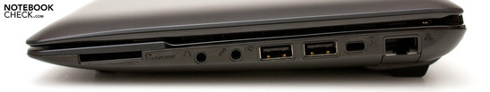 prawy bok: czytnik kart, wyjście słuchawkowe, wejście mikrofonowe, 2x USB 2.0, blokada Kensingtona, LAN