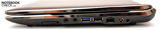 prawy bok: czytnik kart, gniazda audio, USB 3.0, USB, modem, gniazdo zasilania, blokada Kensingtona