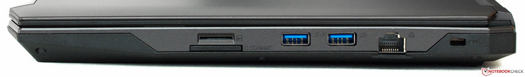 prawy bok: kieszeń na kartę SIM, czytnik kart pamięci, 2 USB 3.0, LAN, gniazdo blokady Kensingtona