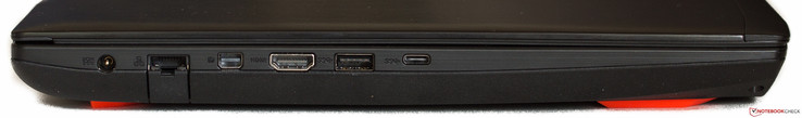 lewy bok: gniazdo zasilania, LAN, DisplayPort, HDMI 2.0, USB 3.0, USB 3.1 Gen2