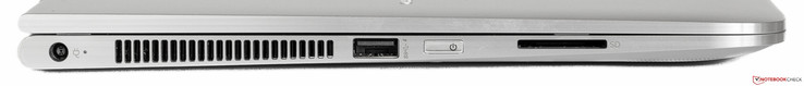 lewy bok: gniazdo zasilania, wylot powietrza z układu chłodzenia, USB 3.0, przycisk zasilania, czytnik kart pamięci