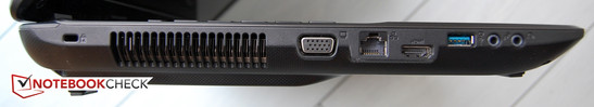 lewy bok: gniazdo blokady Kensingtona, otwory wentylacyjne, VGA, LAN, HDMI, USB 3.0, 2 gniazda audio