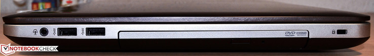 prawy bok: gniazdo audio, 2 USB 3.0, napęd optyczny (DVD), gniazdo blokady Kensingtona