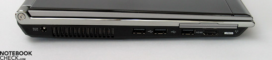 lewy bok: gniazdo zasilania, wylot wentylatora, 3x USB, HDMI, ExpressCard