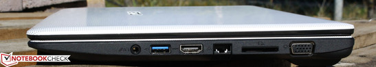 prawy bok: gniazdo audio, USB 3.0, HDMI, LAN, czytnik kart pamięci, VGA