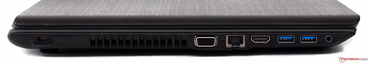 lewy bok: gniazdo blokady Kensingtona, wylot powietrza z układu chłodzenia, VGA, LAN, HDMI, 2 USB 3.0, gniazdo audio