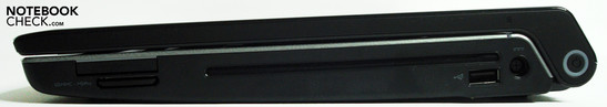 prawy bok: czytnik kart, ExpressCard/34, szczelinowy napęd optyczny, USB, gniazdo zasilania