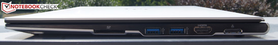 prawy bok: czytnik kart pamięci, 2 USB 3.0, HDMI, złącze adaptera LAN