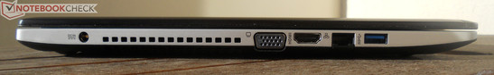 lewy bok: gniazdo zasilania, wylot powietrza z układu chłodzenia, VGA, HDMI, LAN, USB 3.0