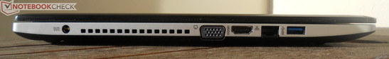 lewy bok: gniazdo zasilania, wylot powietrza z układu chłodzenia, VGA, HDMI, LAN, USB 3.0