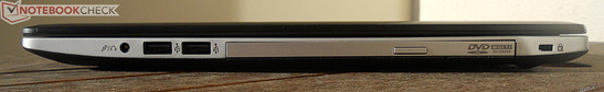 prawy bok: gniazdo audio, 2 USB 2.0, napęd optyczny (DVD), gniazdo blokady Kensingtona