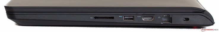 prawy bok: czytnik kart pamięci, USB 3.0, HDMI, LAN, gniazdo blokady Kensingtona
