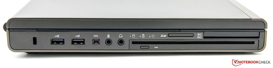 lewy bok: gniazdo blokady Kensingtona, 2 USB 2.0, FireWire, 2 gniazda audio, napęd optyczny (DVD z podajnikiem szczelinowym), czytnik kart pamięci, gniazdo kart ExpressCard/54 i SmartCard