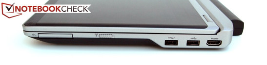 prawy bok: ExpressCard/34, przełącznik Wi-Fi, 2 USB 3.0, HDMI