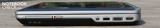 prawy bok: ExpressCard/54, przełącznik Wi-Fi, nagrywarka DVD, FireWire, USB 2.0, eSATA, HDMI